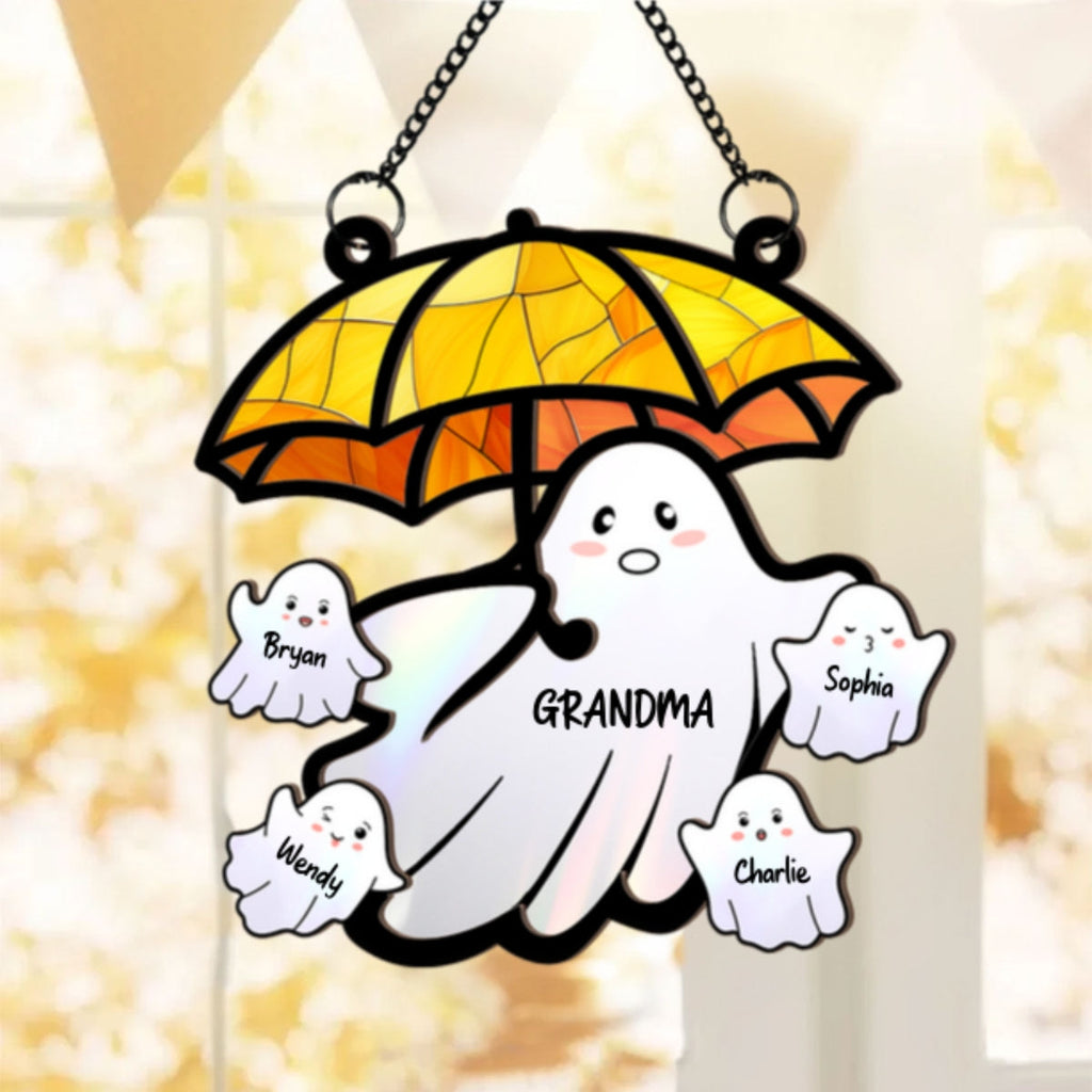 Grandma Funny Ghost with Umbrella Personalized Suncatcher, Halloween Stained Glass Decor
