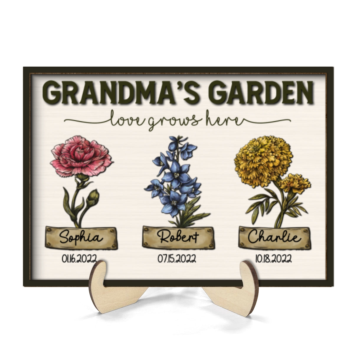 Grandma Garden Love Grows Here Grandkids Birth Flower Name and Birthday Personalized 2-Layer Wooden Plaque