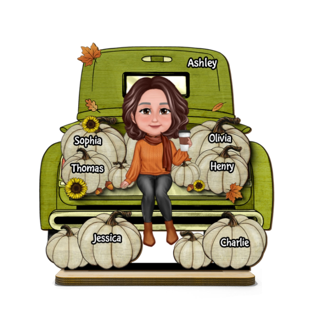 Grandma Fall Season Truck Personalized 2-Layer Standing Wooden Plaque, Fall Season Tier Tray Decoration