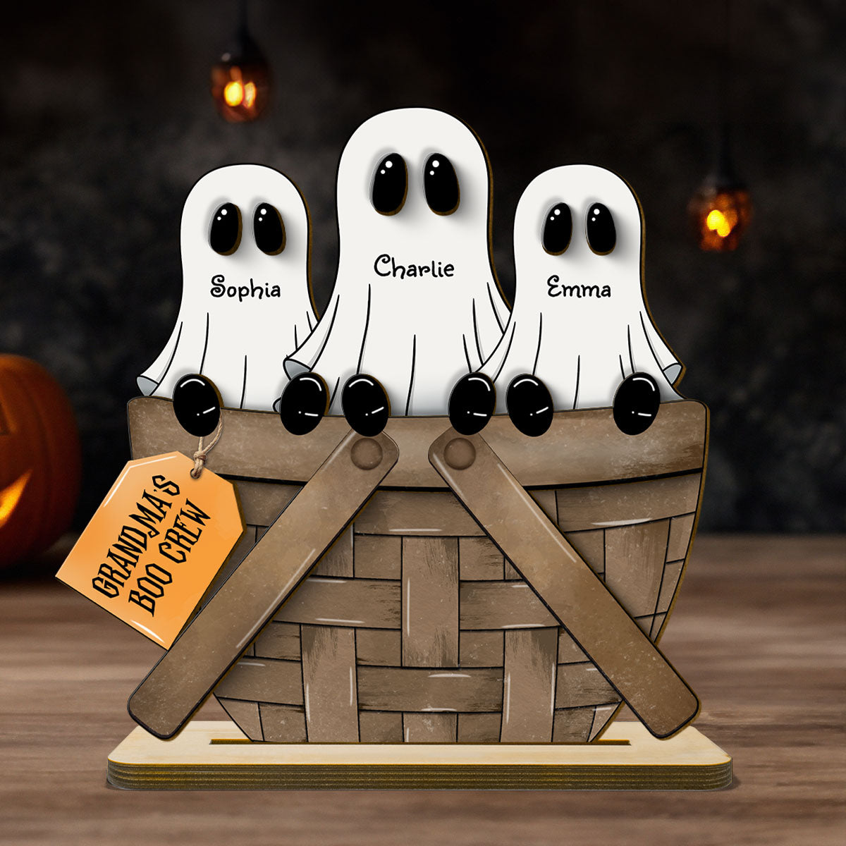 Grandma Family Ghosts For The Flower Basket Personalized 2-Layer Standing Wooden Plaque, Halloween Decor