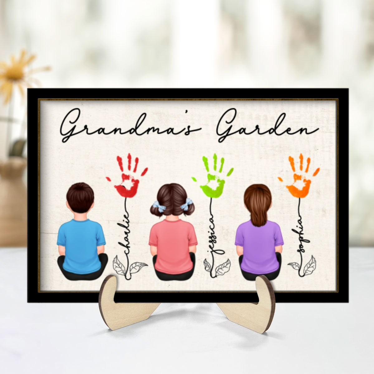 Grandma Garden Handprints Kids Sitting Back View Personalized 2-layer Wooden Plaque